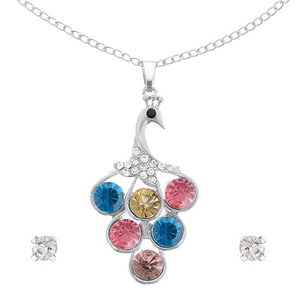 Urthn Multicolor Austrian Stone Peacock Silver Plated Pendant set - 1202510