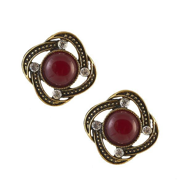 Urbana Red Stone Antique Gold Plated Stud Earrings - 1306503