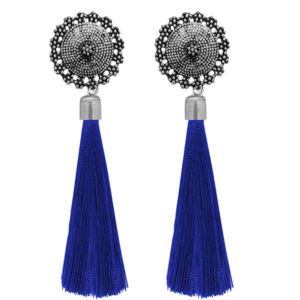 Jeweljunk Blue Oxidised Plated Thread Earrings - 1308343B