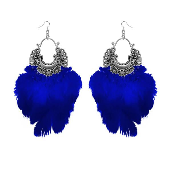 Jeweljunk Blue Feather Rhodium Plated Afghani Earrings - 1308355D