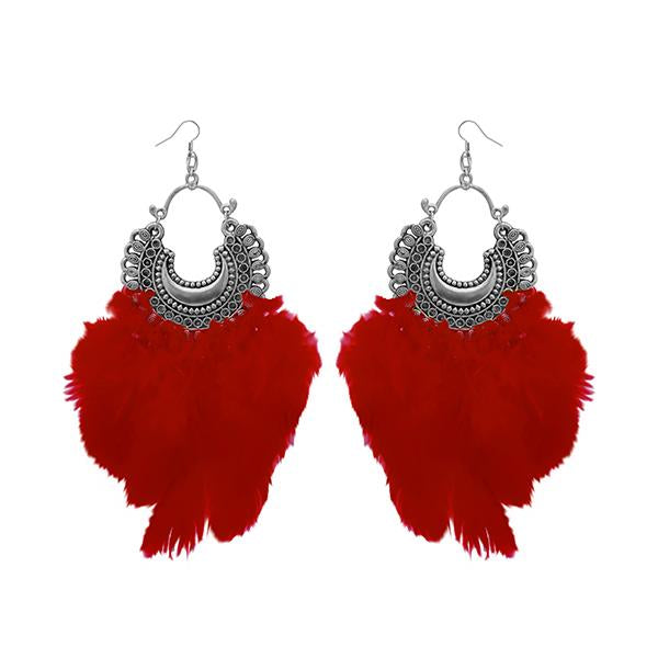 Jeweljunk Red Feather Rhodium Plated Afghani Earrings - 1308355J