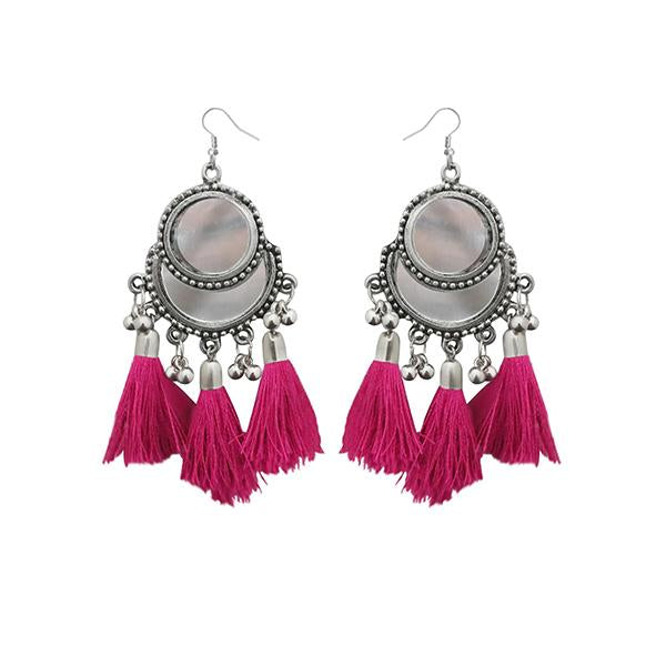 Jeweljunk Rhodium Plated Pink Thread Tassel Earrings - 1308364E