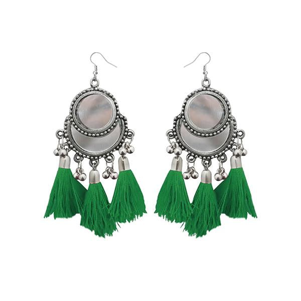 Jeweljunk Rhodium Plated Green Thread Tassel Earrings - 1308364F