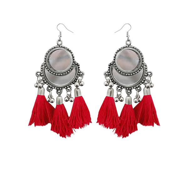 Jeweljunk Red Thread Rhodium Plated Tassel Earrings - 1308364H