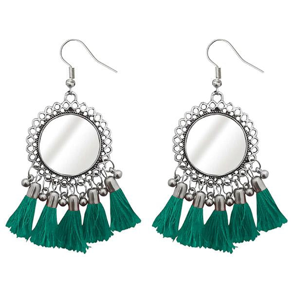 Jeweljunk Green Thread Rhodium Plated Tassel Earrings - 1308367F