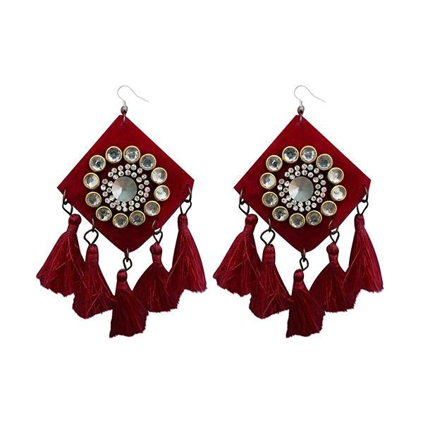 Jeweljunk Austrian Stone Maroon Thread Tassel Earrings - 1308368H