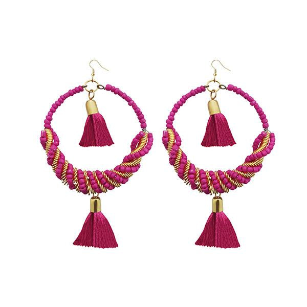 Jeweljunk Rhodium Plated Pink Thread Beads Tassel Earrings - 1308369C