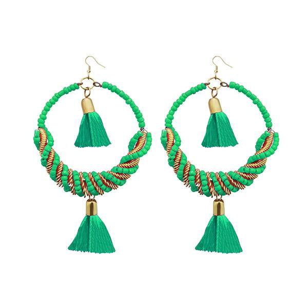 Jeweljunk Green Thread Beads Rhodium Plated Tassel Earrings - 1308369I