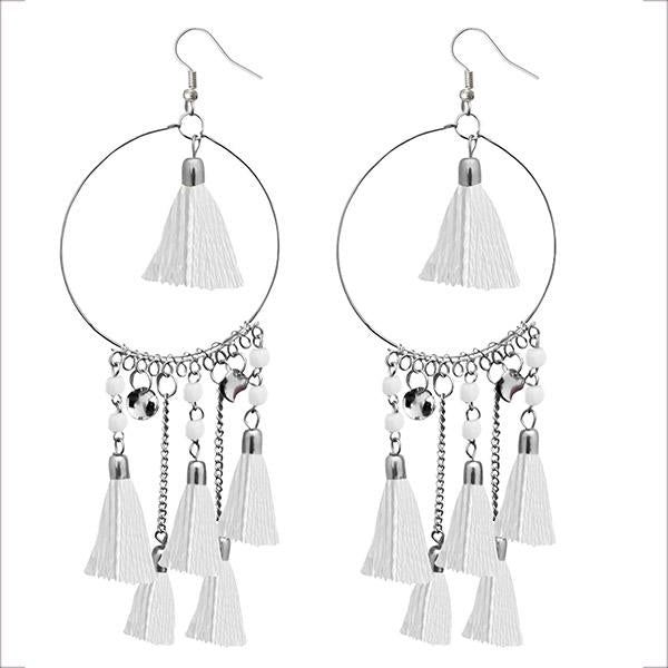 Jeweljunk Rhodium Plated White Thread Tassel Earrings - 1308372B