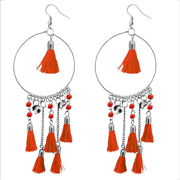 Jeweljunk Orange Thread Rhodium Plated Tassel Earrings - 1308372G