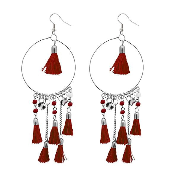 Jeweljunk Maroon Thread Rhodium Plated Tassel Earrings - 1308372H