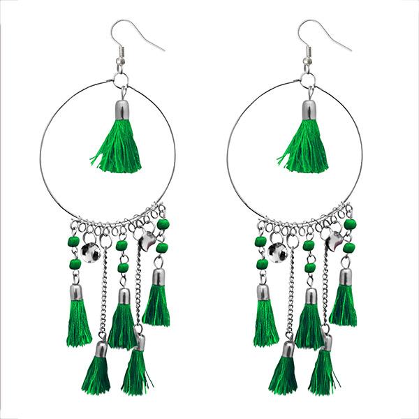 Jeweljunk Green Thread Rhodium Plated Tassel Earrings - 1308372J