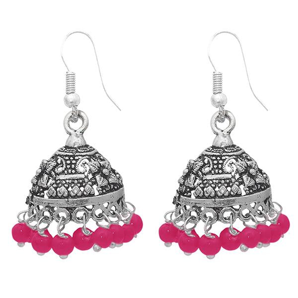 Jeweljunk Pink Beads Rhodium Plated Jhumki Earrings - 1309004A