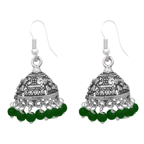 Jeweljunk Rhodium Plated Green Beads Jhumki Earrings - 1309004D