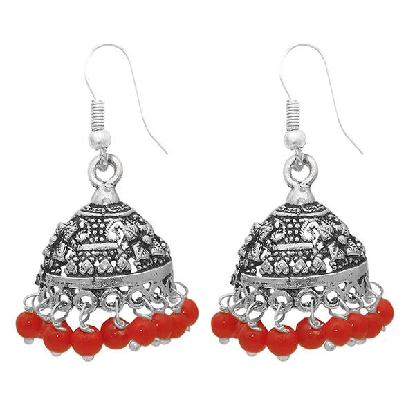 Jeweljunk Red Beads Rhodium Plated Jhumki Earrings - 1309004E