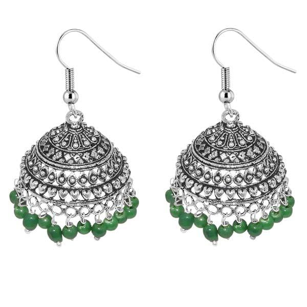 Jeweljunk Rhodium Plated Green Beads Jhumki Earrings - 1309007D