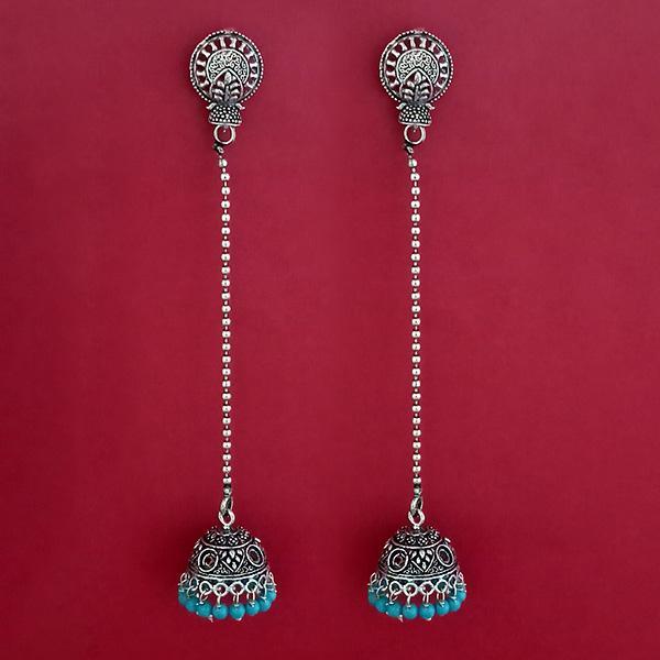 Jeweljunk Blue Beads Oxidised Plated Chain Jhumki Earrings - 1309374C