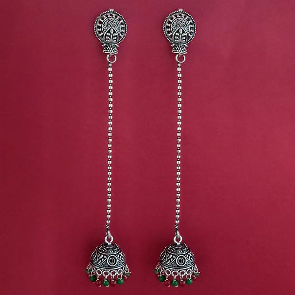 Jeweljunk Maroon & Green Beads Oxidised Plated Chain Jhumki Earrings - 1309374G
