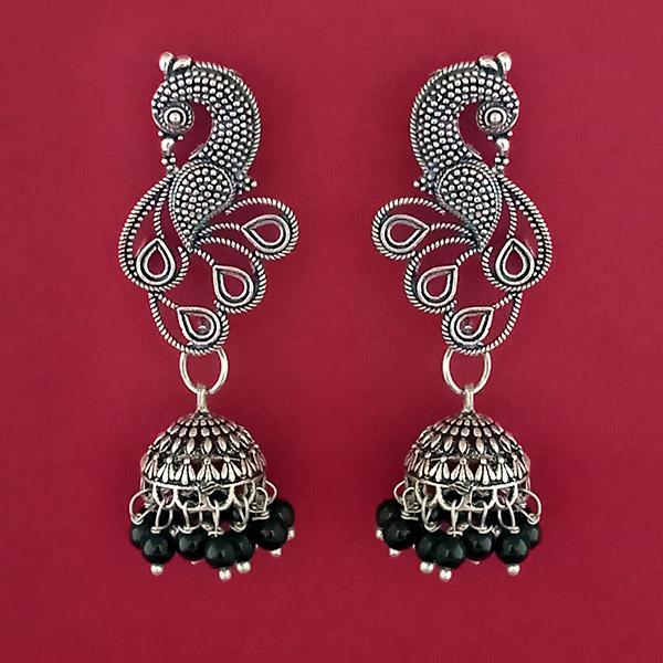 Jeweljunk Black Beads Silver Plated Peacock Jhumki Earrings - 1309378B