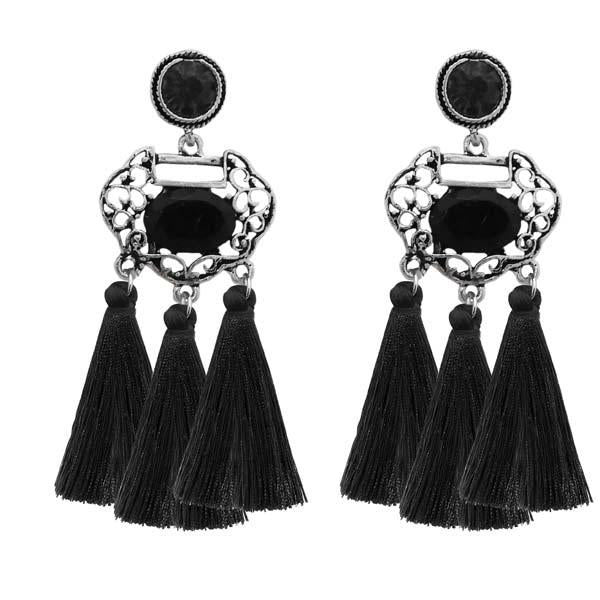 Jeweljunk Black Stone Rhodium Plated Tassel Earrings - 1310950A