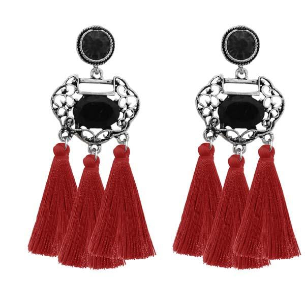 Jeweljunk Rhodium Plated Maroon Thread Earrings - 1310950F