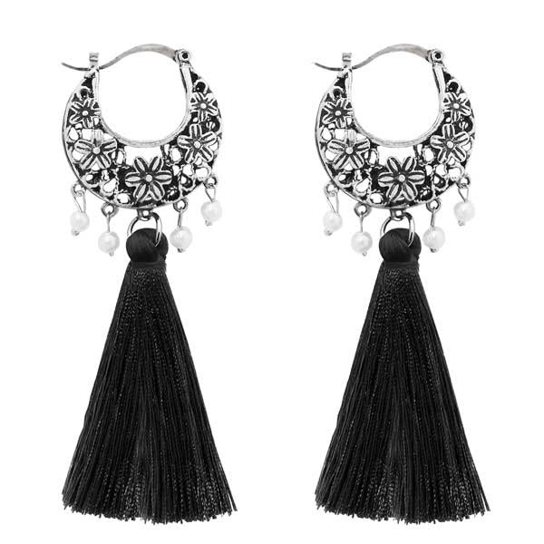 Jeweljunk Rhodium Plated Black Thread Earrings - 1310952A