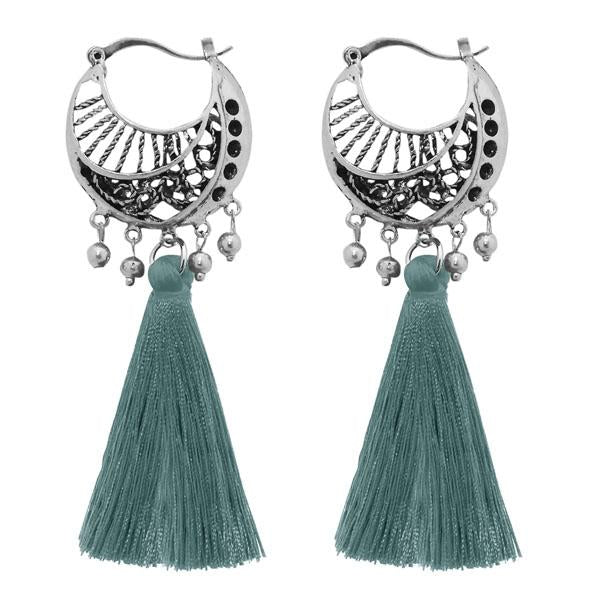 Jeweljunk Blue Thread Rhodium Plated Tassel Earrings - 1310954F