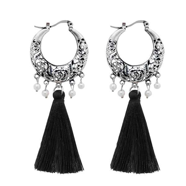 Jeweljunk Rhodium Plated Black Thread Earrings - 1310956A