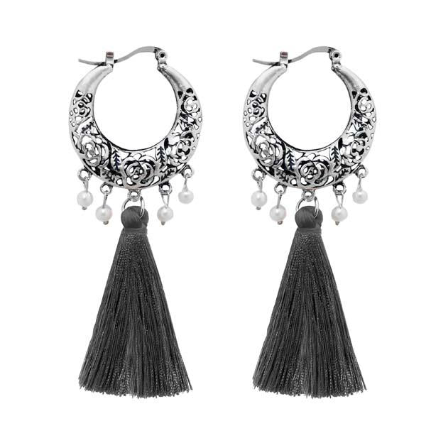 Jeweljunk Rhodium Plated Grey Thread Earrings - 1310956C