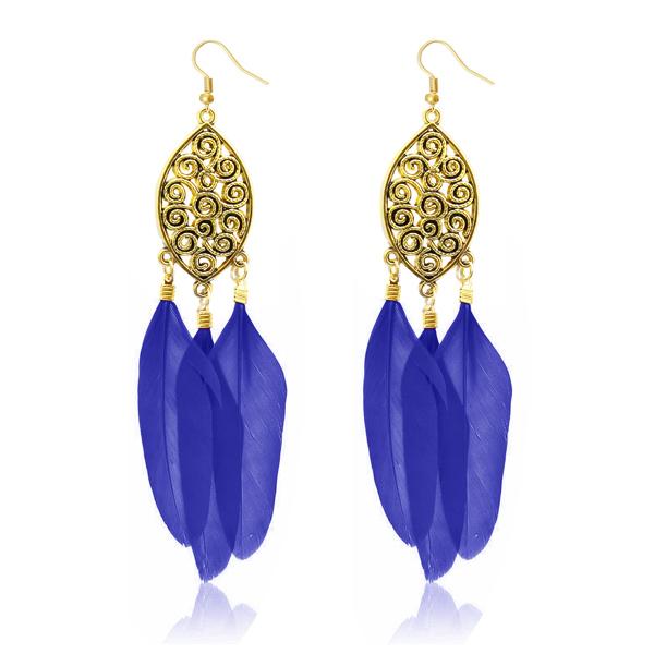 Jeweljunk Gold Plated Blue Feather Earrings - 1310957B