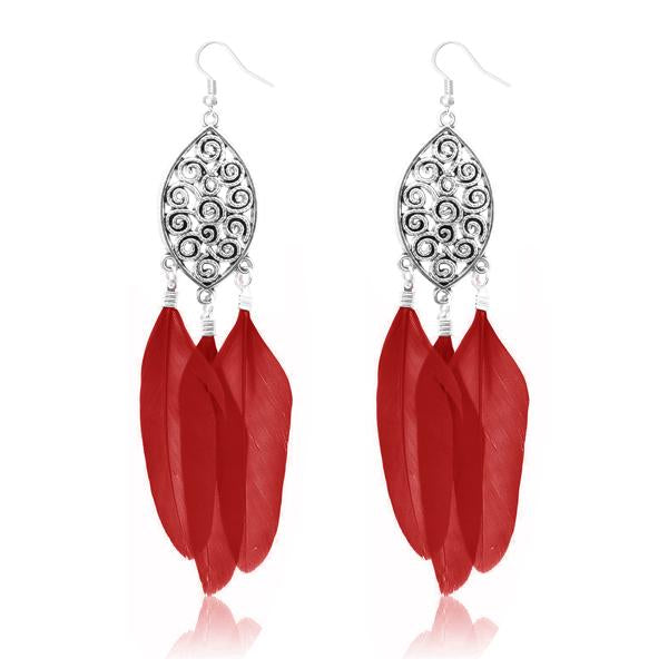 Jeweljunk Silver Plated Red Feather Earrings - 1310958D
