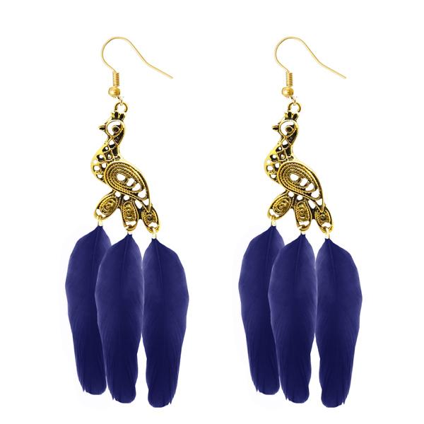 Jeweljunk Gold Plated Blue Peacock Feather Earrings - 1310959B