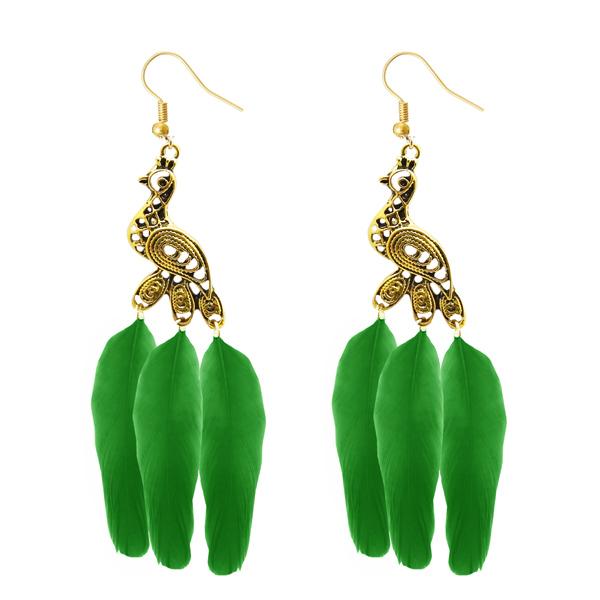 Jeweljunk Gold Plated Green Peacock Feather Earrings - 1310959E