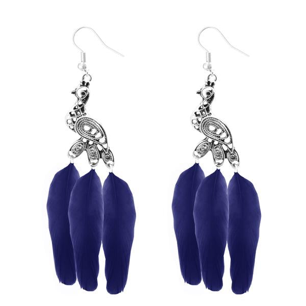 Jeweljunk Silver Plated Blue Peacock Feather Earrings - 1310960B