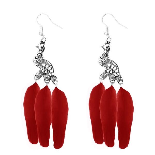 Jeweljunk Silver Plated Red Peacock Feather Earrings - 1310960C