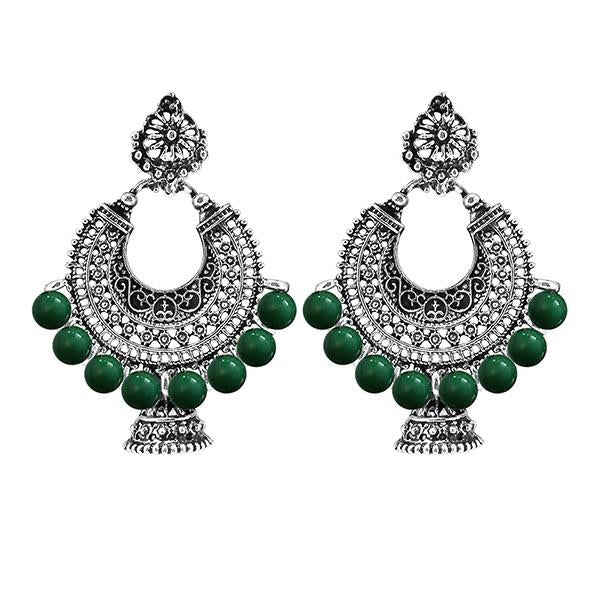 Jeweljunk Rhodium Plated Green Beads Chandbali Earrings - 1311007E