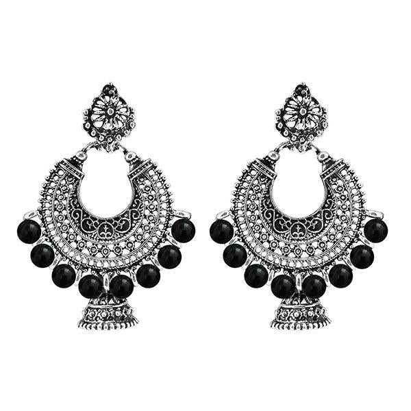 Jeweljunk Rhodium Plated Black Beads Chandbali Earrings - 1311007G