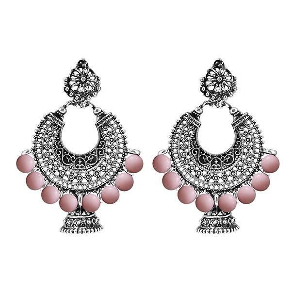 Jeweljunk Rhodium Plated Pink Beads Chandbali Earrings - 1311007I