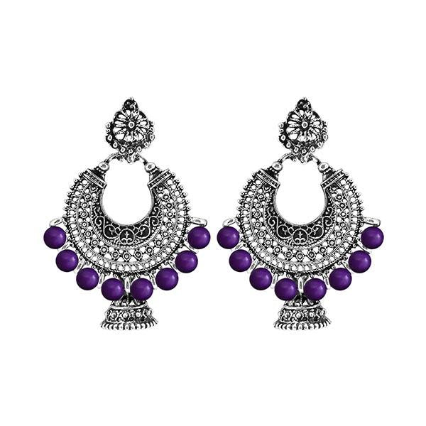 Jeweljunk Rhodium Plated Purple Beads Chandbali Earrings - 1311007K