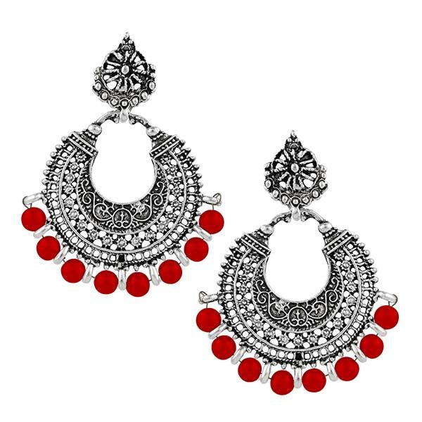 Jeweljunk Maroon Beads Rhodium Plated Afghani Earrings - 1311025E