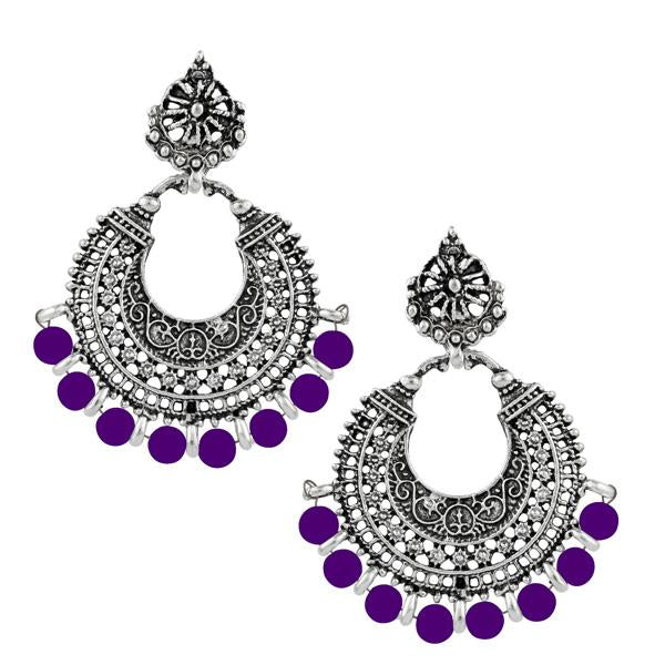 Jeweljunk Purple Beads Rhodium Plated Afghani Earrings - 1311025J