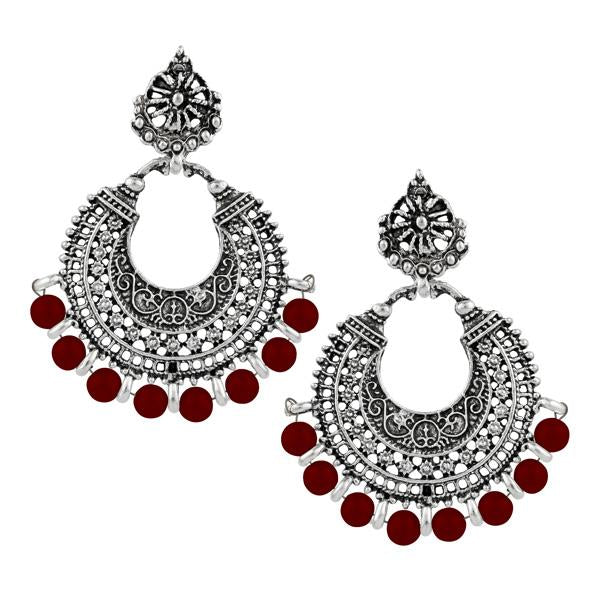 Jeweljunk Rhodium Plated Maroon Beads Afghani Earrings - 1311025M