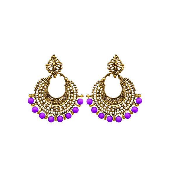 Tip Top Fashions Purple Beads Antique Gold Plated Afghani Earrings - 1311026J