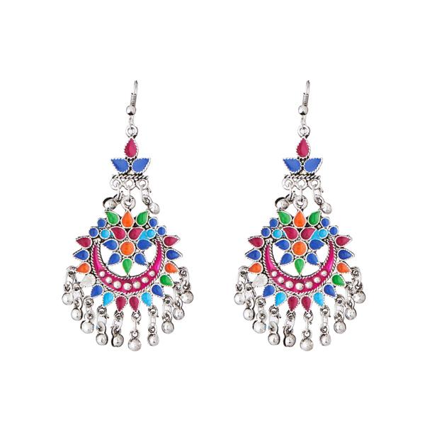 Jeweljunk Multi Meenakari Silver Plated Afghani Earrings - 1311069L