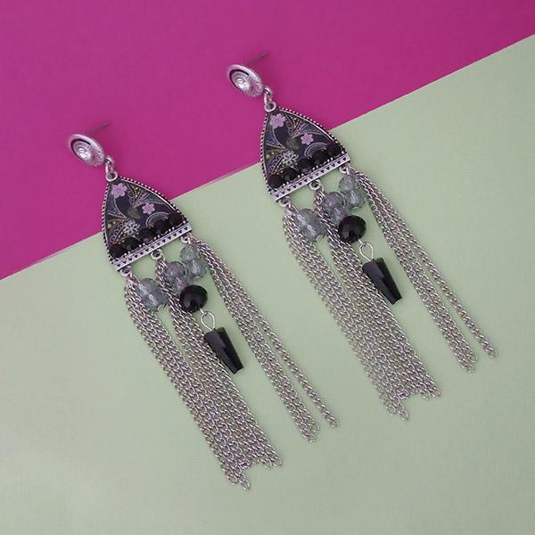 Urthn Black Stone Rhodium Plated Chain Drop Tassel Earrings - 1311826E