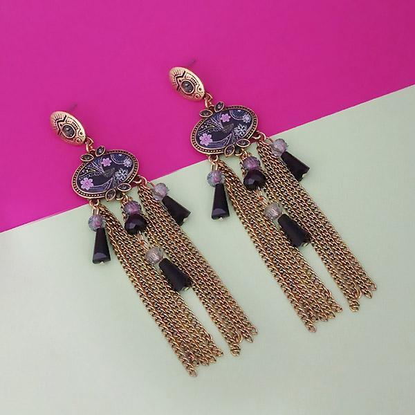 Urthn Gold Plated Black Stone Chain Drop Tassel Earrings - 1311829E