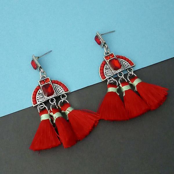 Jeweljunk Red Austrian Stone Thread Earrings - 1312323B