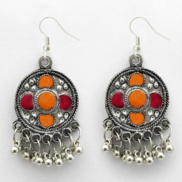 Jeweljunk Orange Meenakari Rhodium Plated Afghani Earrings - 1312416A