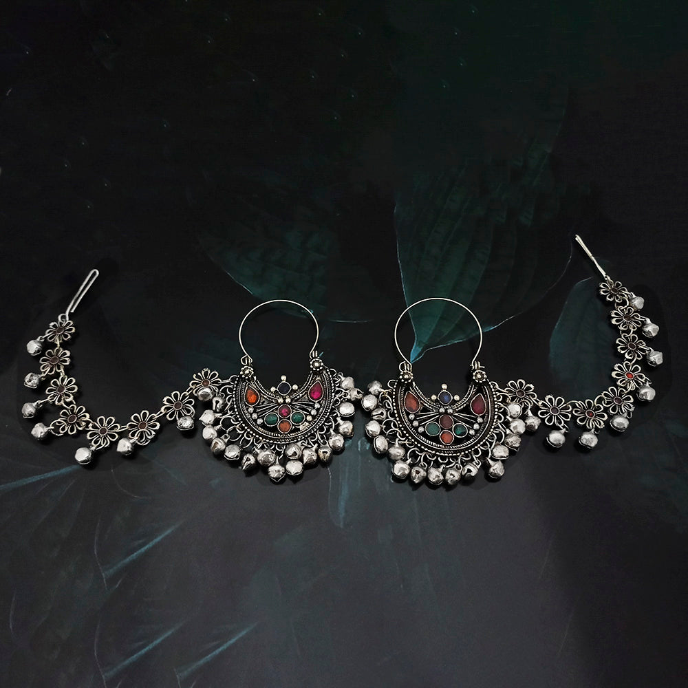 Jeweljunk Multicolor Kundan Oxidised Afghani Kan Chain Earrings