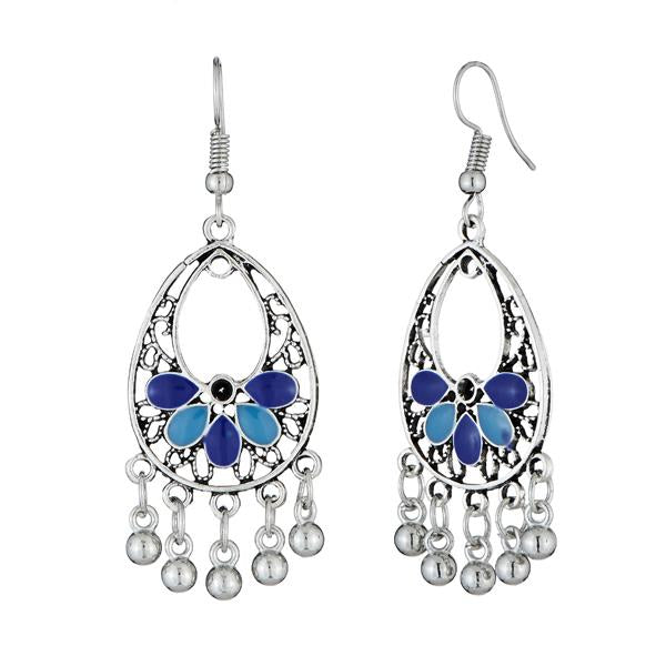 Jeweljunk Rhodium Plated Blue Meenakari Afghani Earrings - 1312525C